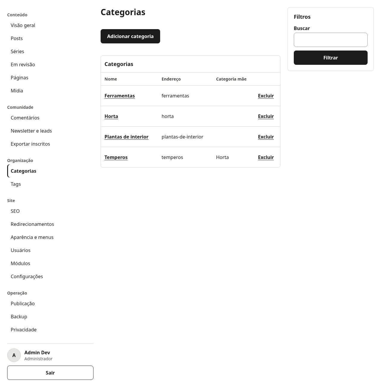 Lista de categorias com o botão Adicionar categoria e as colunas Nome, Endereço e Categoria mãe