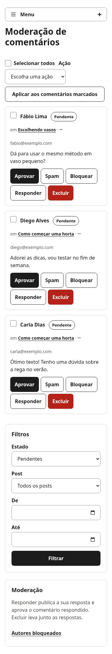 Fila de moderação de comentários no celular