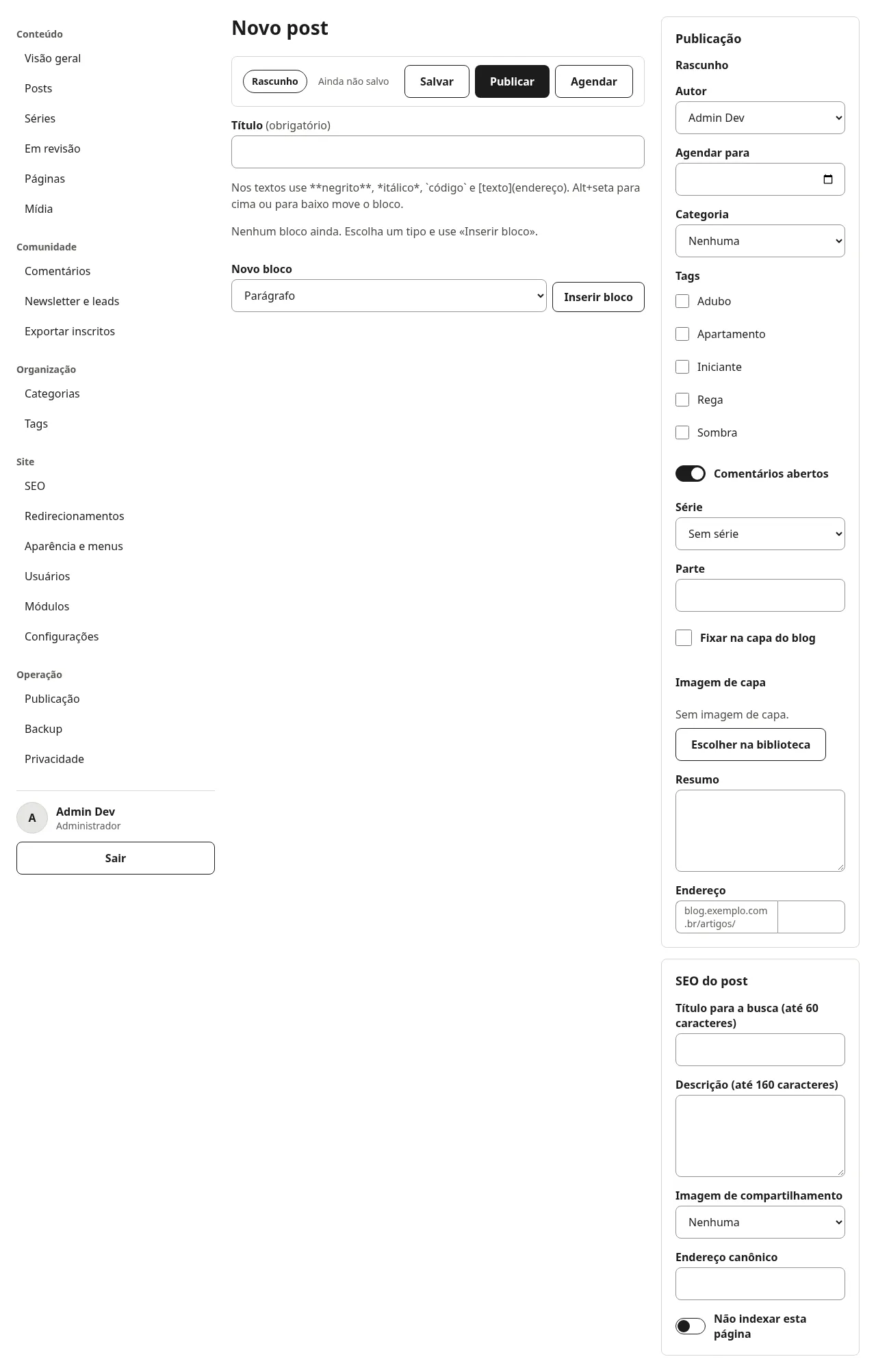 Editor de um post novo: barra de ações, campo de título, bloco novo e coluna Publicação