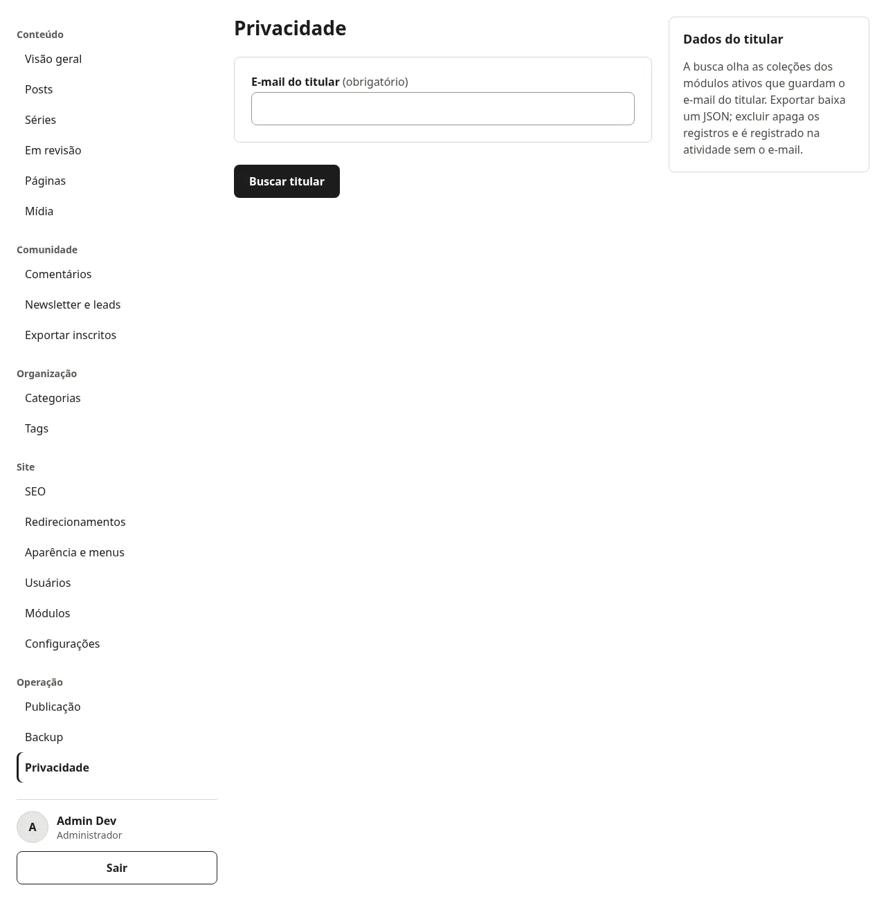 Tela Privacidade com o campo E-mail do titular e o botão Buscar titular