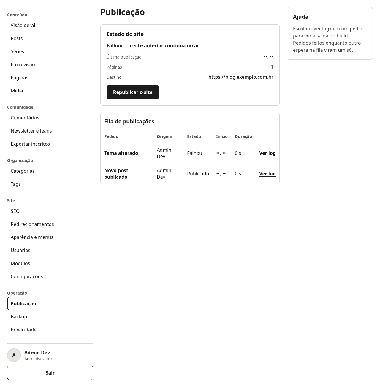 Tela Publicação com o estado do site, a fila com um pedido falhado e um publicado