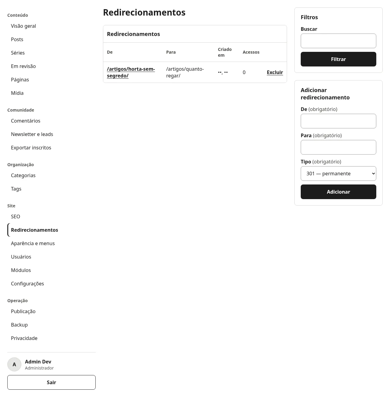 Lista de Redirecionamentos