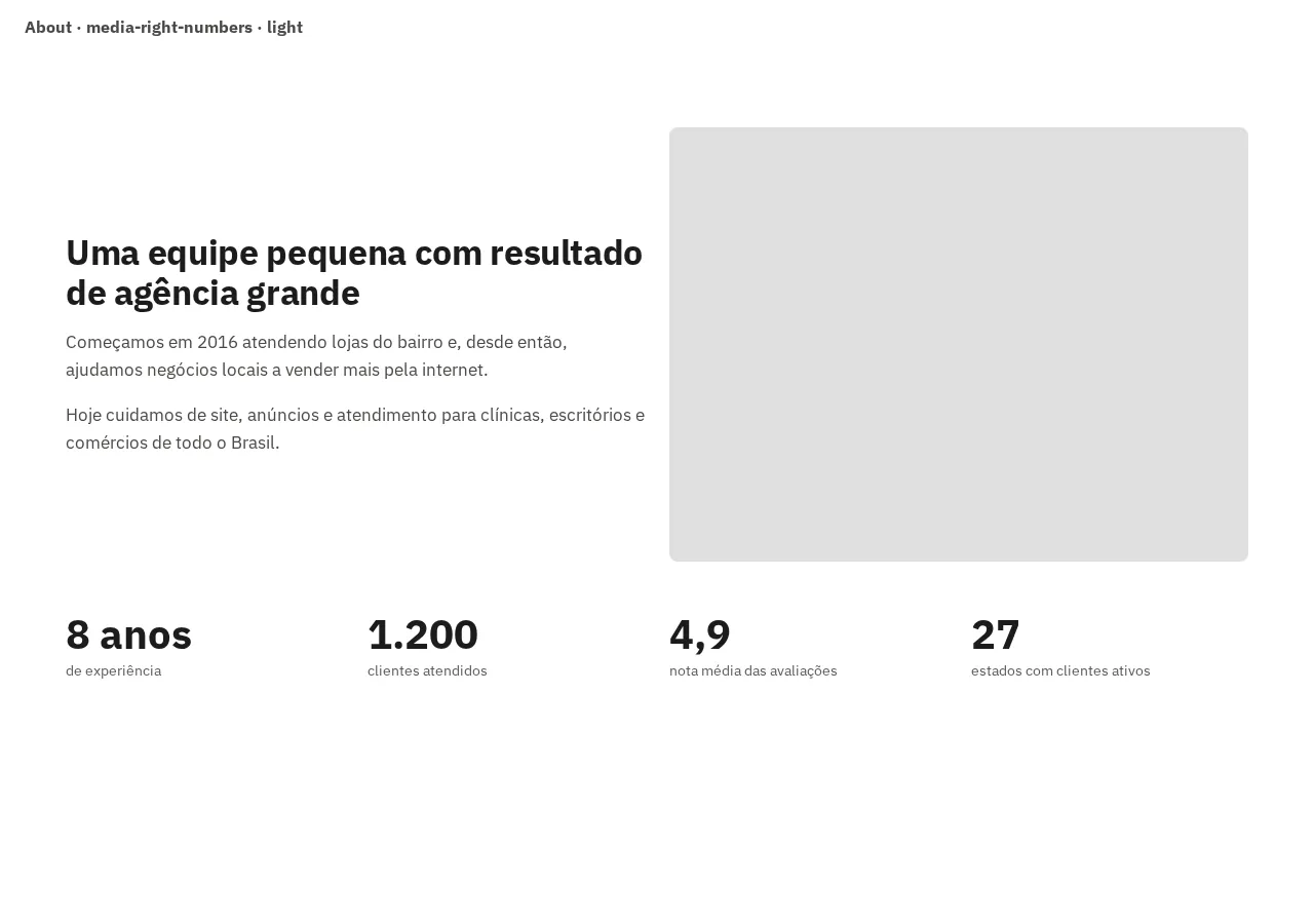 Captura da galeria: seção About, variante media-right-numbers, claro, em 1280 px