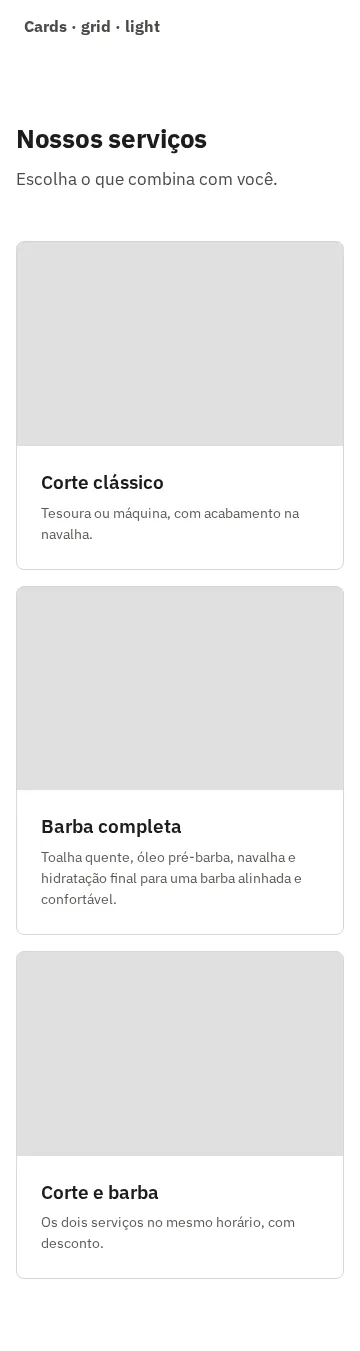 Captura da galeria: seção Cards, variante grid com imagem, claro, em 360 px