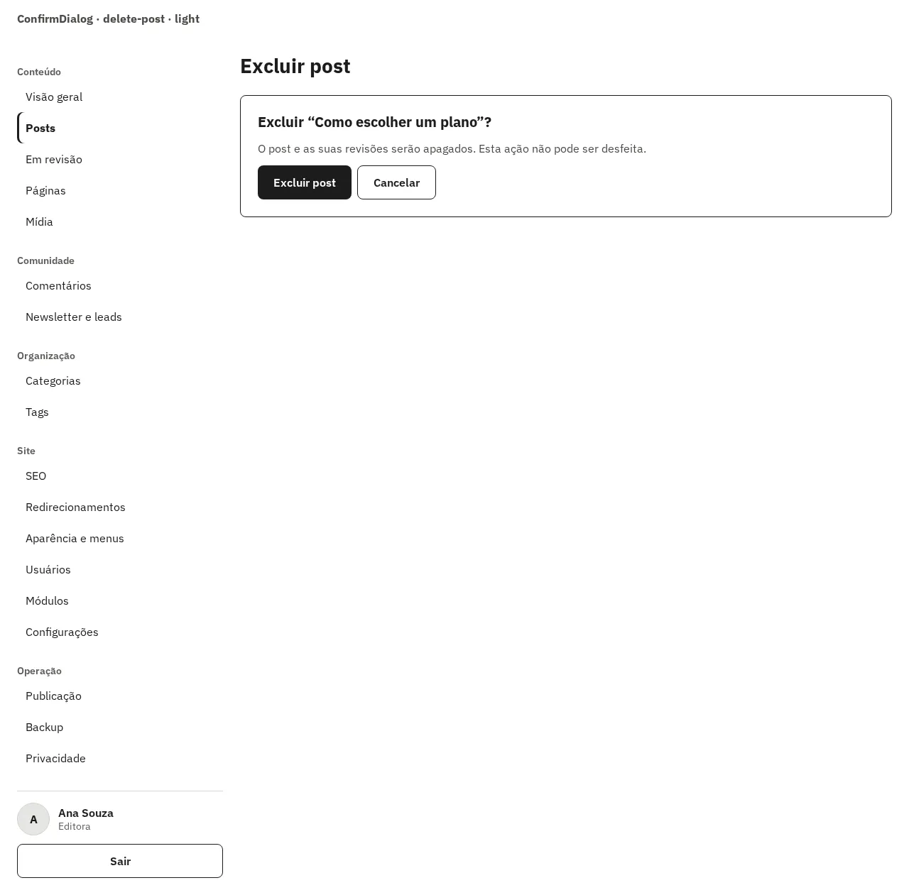 ConfirmDialog de exclusão de um post, em 1280 px