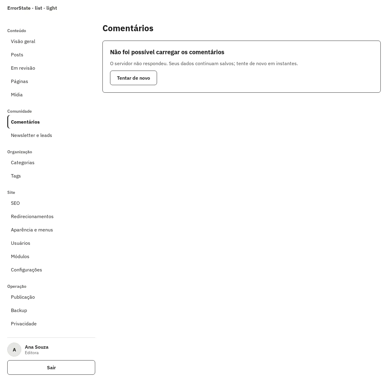 ErrorState de uma lista que não carregou, em 1280 px