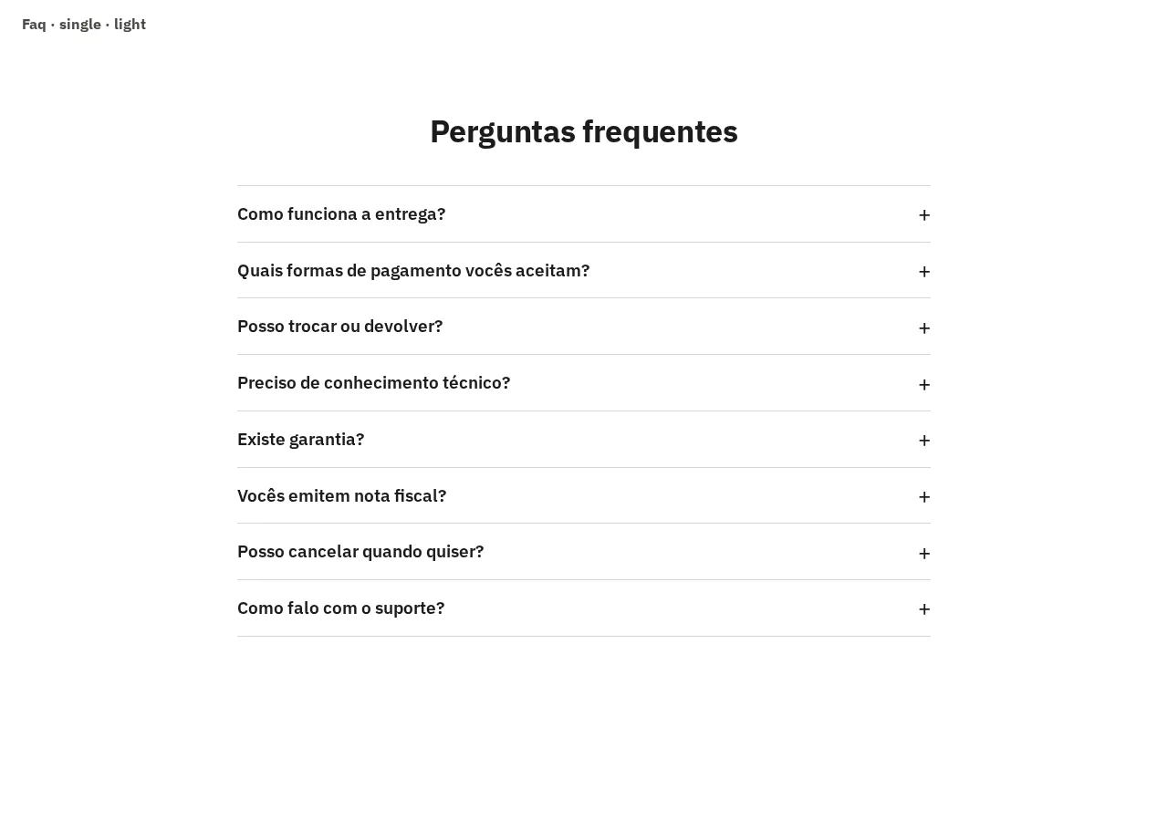 Captura da galeria: seção Faq, variante single, claro, em 1280 px