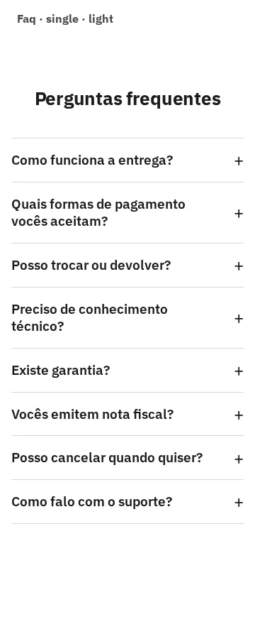 Captura da galeria: seção Faq, variante single, claro, em 360 px