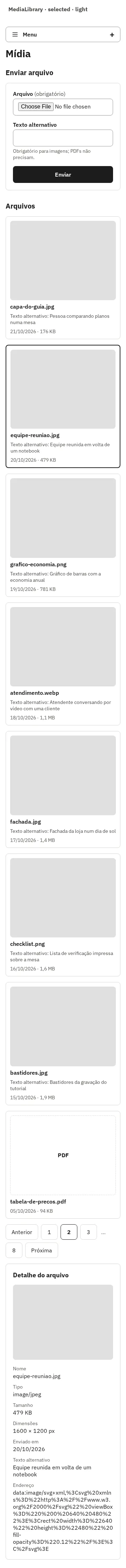 MediaLibrary com um arquivo selecionado, em 360 px