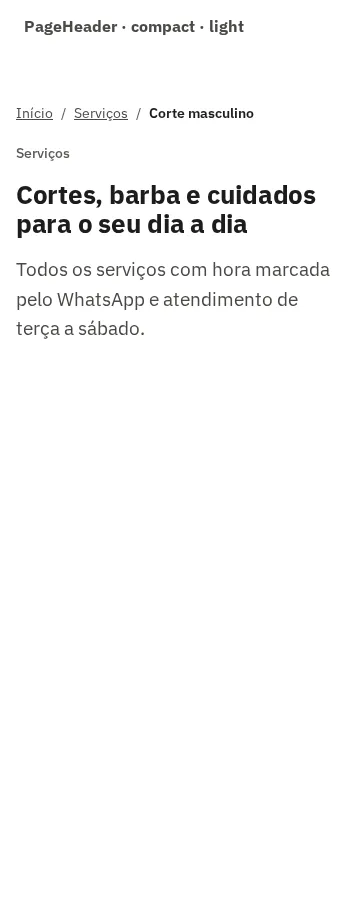 Captura da galeria: seção PageHeader, variante compact, claro, em 360 px