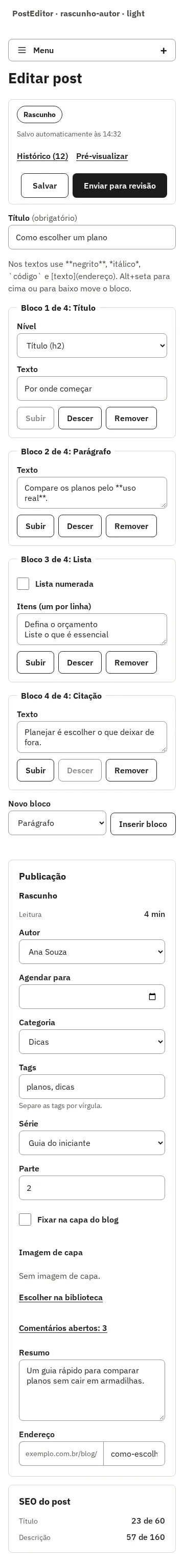 PostEditor com um rascunho, visto por um autor, em 360 px