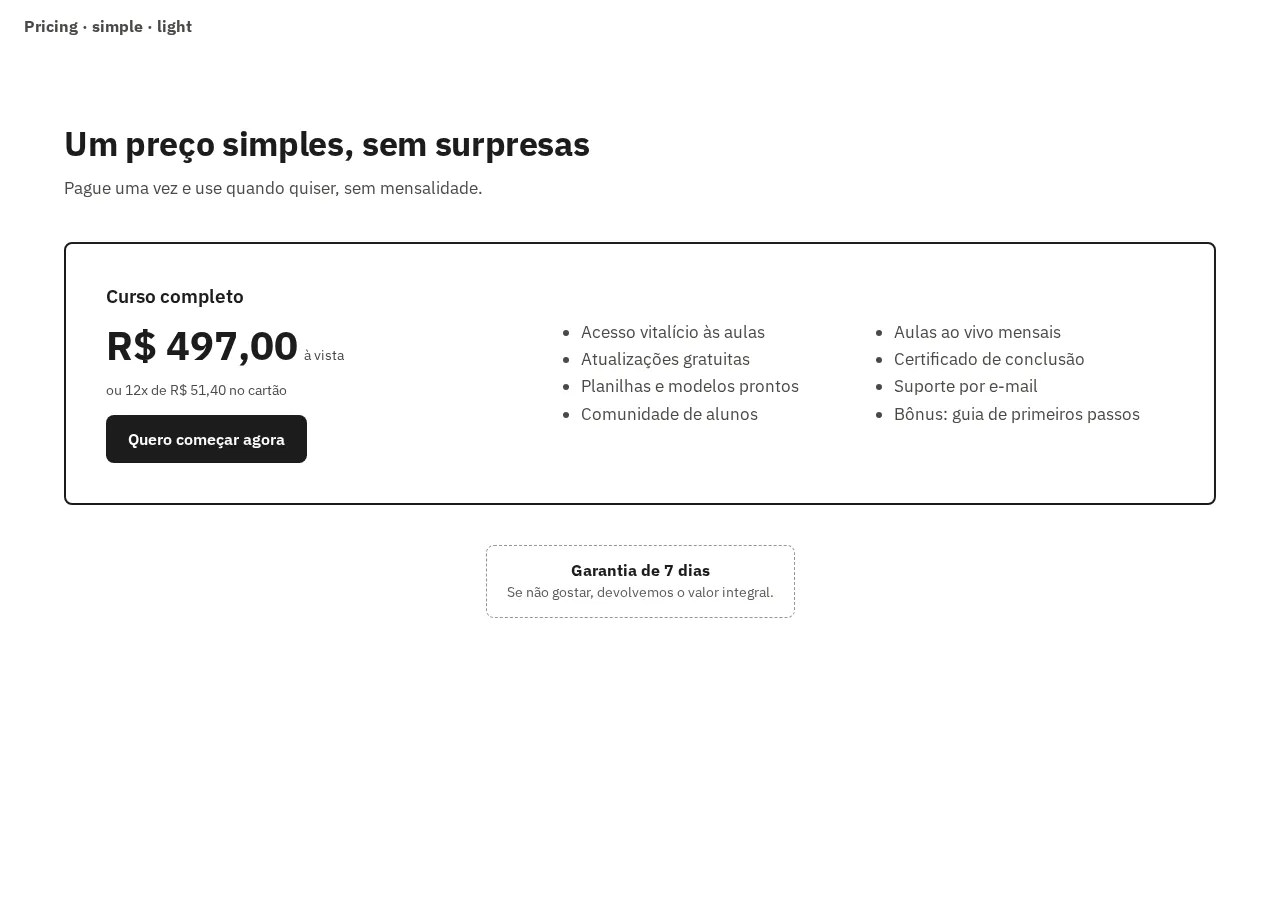 Captura da galeria: seção Pricing, variante simple, claro, em 1280 px