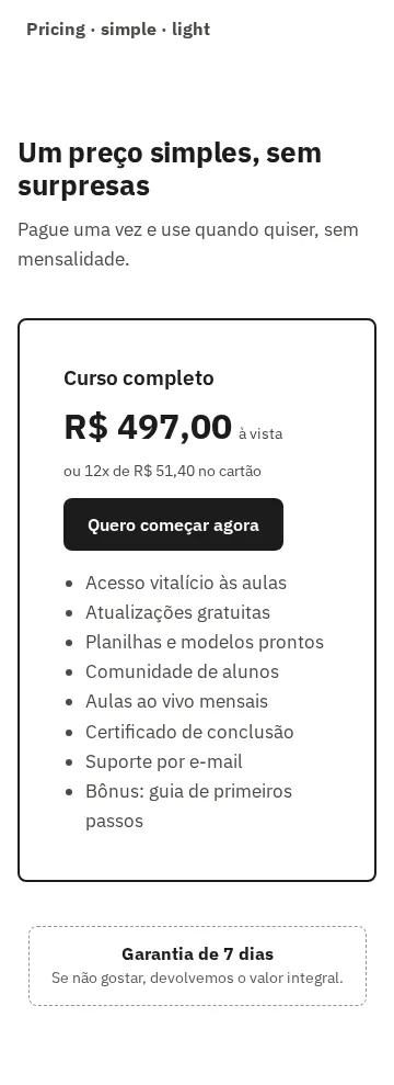 Captura da galeria: seção Pricing, variante simple, claro, em 360 px