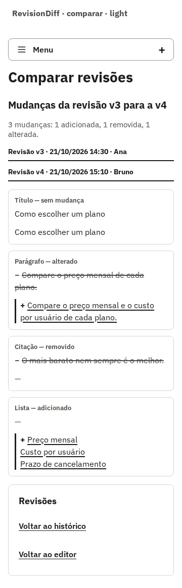 RevisionDiff com duas revisões, em 360 px