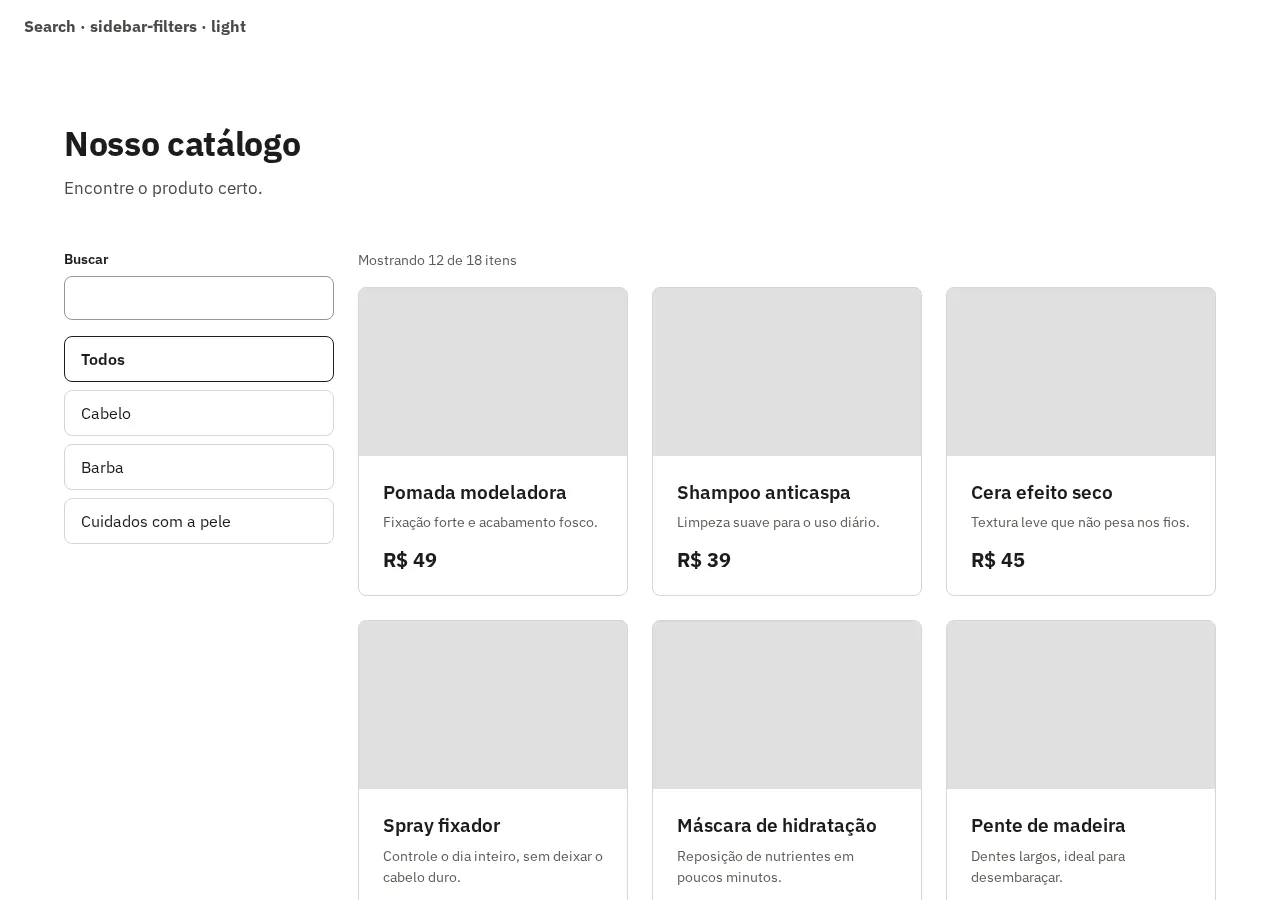 Captura da galeria: seção Search, variante sidebar-filters, claro, em 1280 px